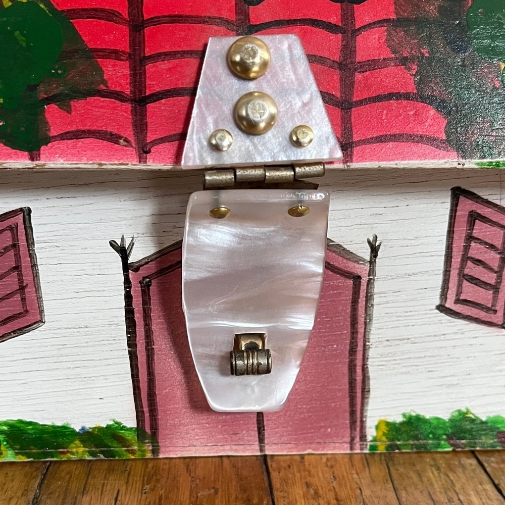 RARE Vintage Hand-Painted Wood Satchel Purse Handbag with House Design - Picture 8 of 15